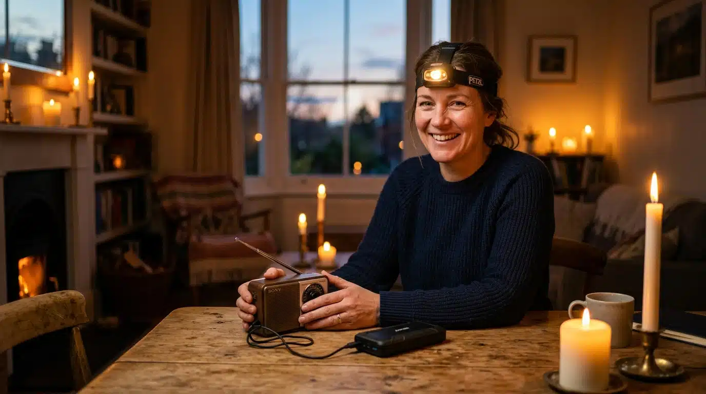 Femme avec lampe frontale, batterie externe et radio à piles