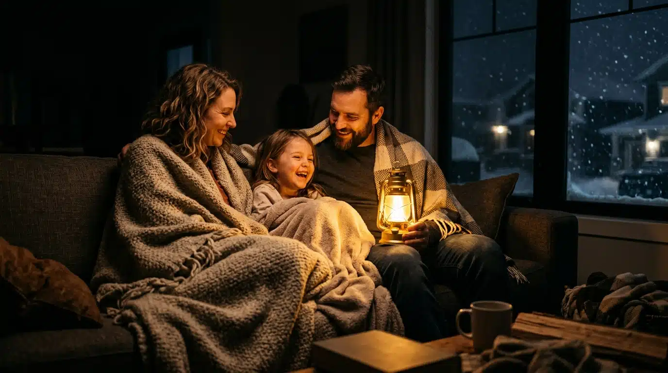 Famille sous des couvertures éclairée par une lanterne LED