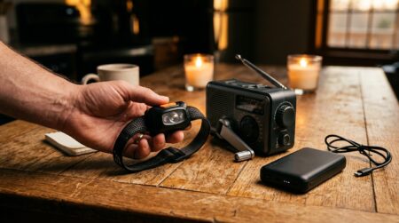 Lampe frontale, radio à manivelle et batterie externe sur une table