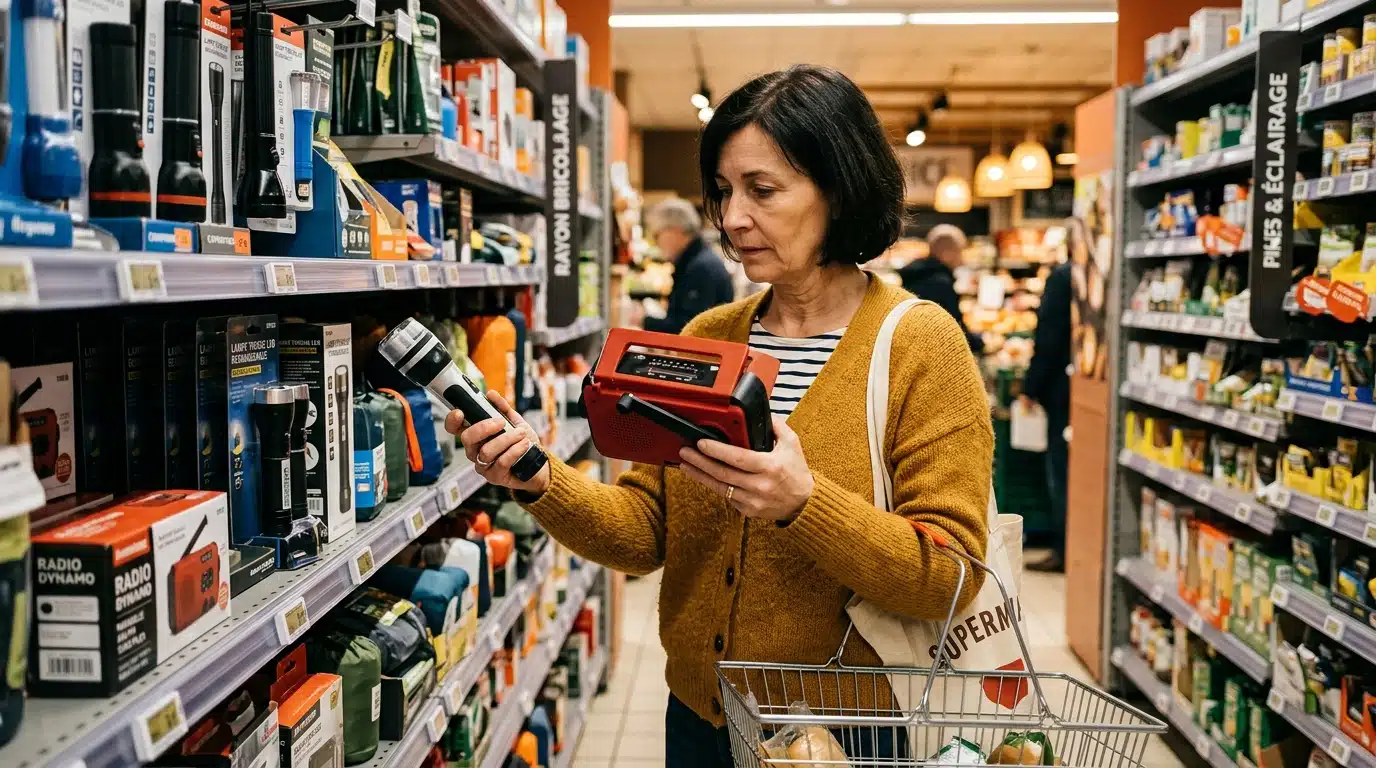 Cliente comparant radios et lampes dans un rayon de supermarché