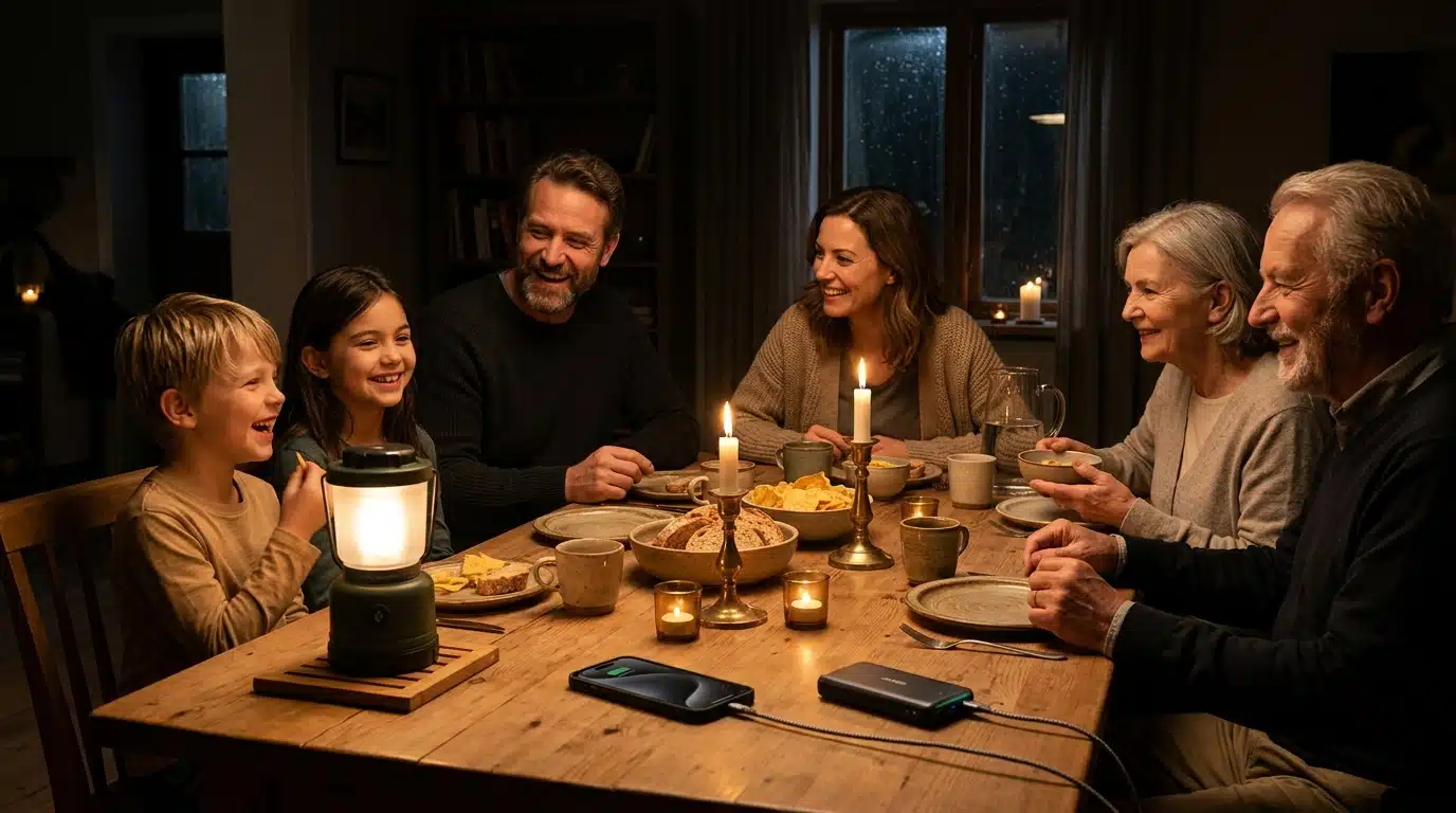 Famille autour d'une lanterne pendant une coupure d'électricité