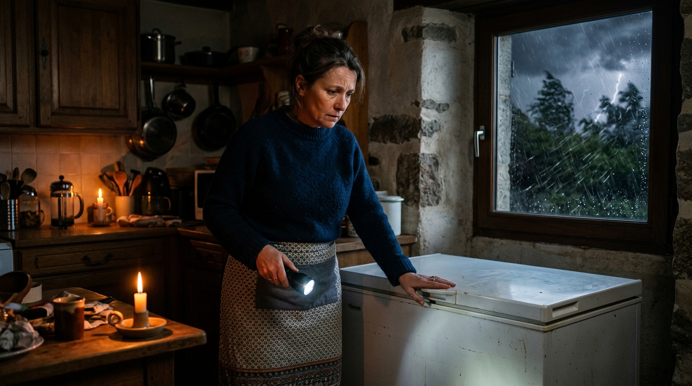 Femme avec lampe devant son congélateur pendant une coupure de courant