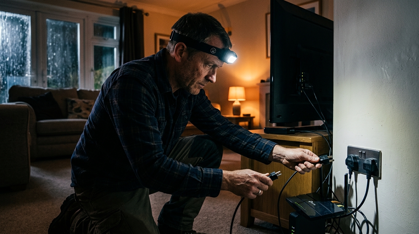 Homme avec lampe frontale débranchant la box et la télévision