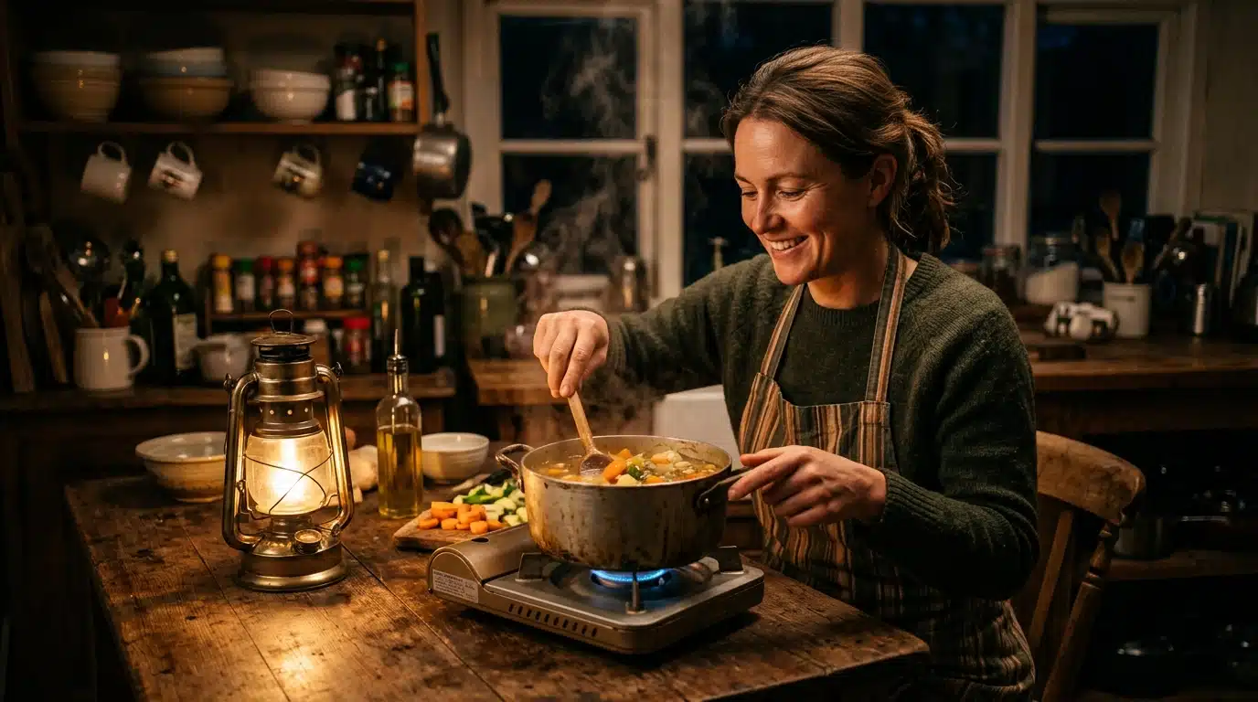 Femme remuant une soupe sur un réchaud de camping