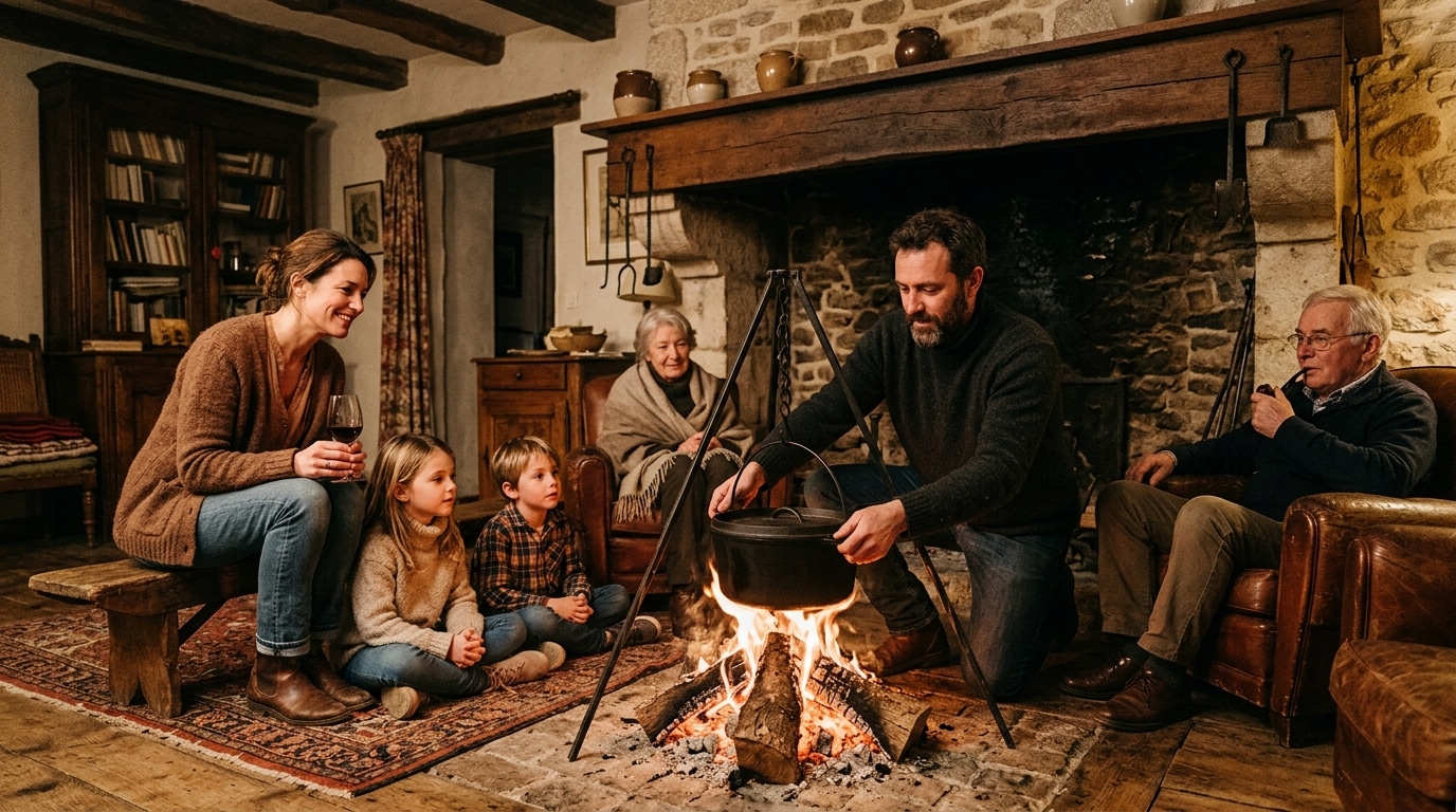 Famille autour d'une cheminée avec une marmite sur les braises