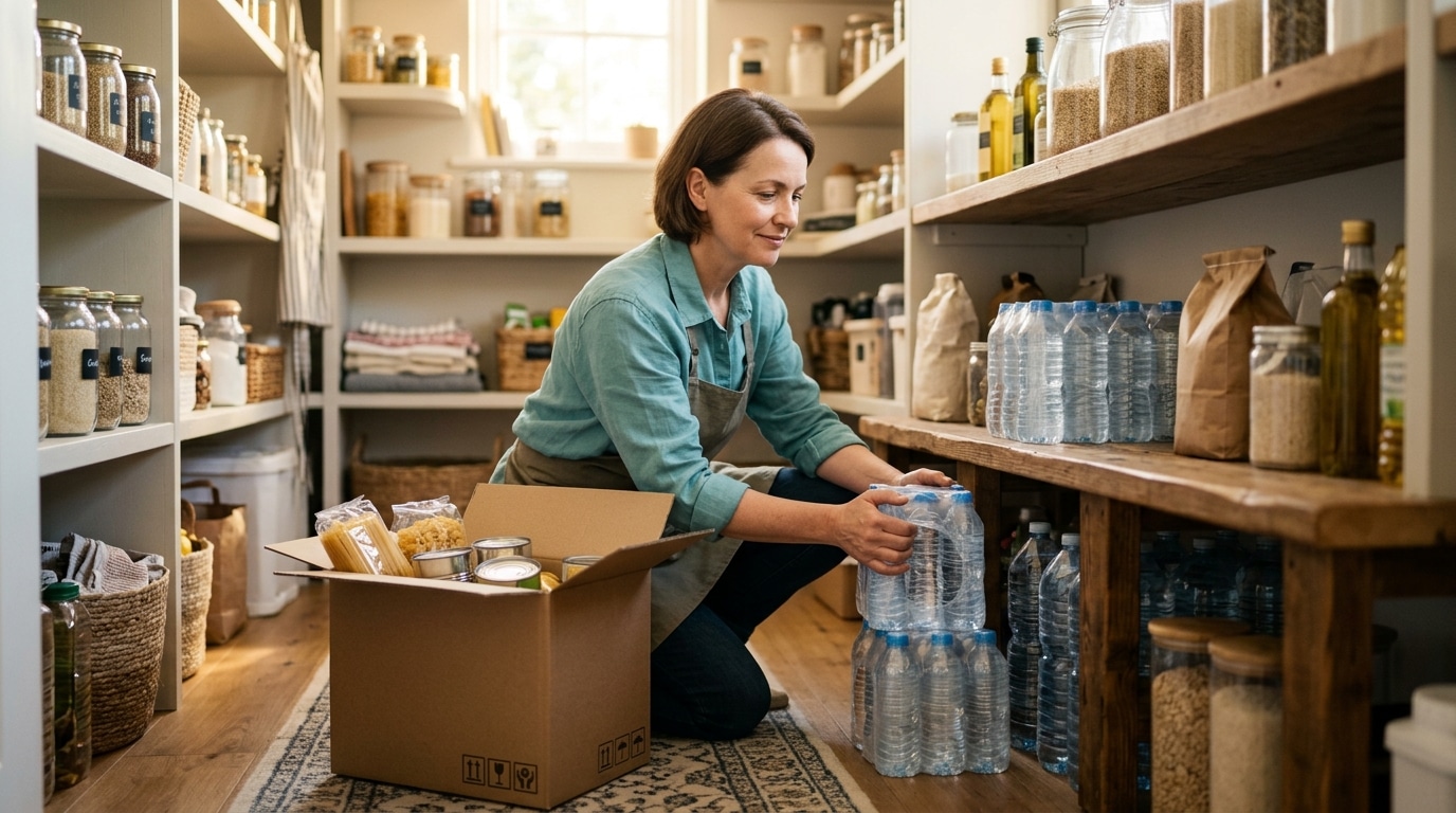 Femme rangeant des packs de bouteilles d'eau dans un placard