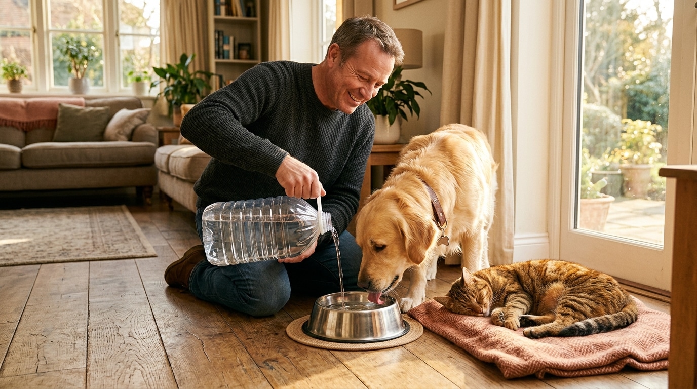 Homme servant de l'eau à son chien et son chat