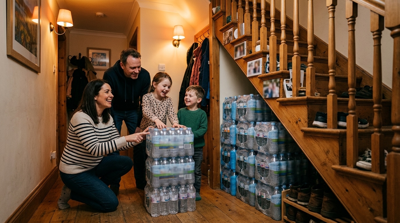 Famille vérifiant sa réserve de bouteilles d'eau sous l'escalier
