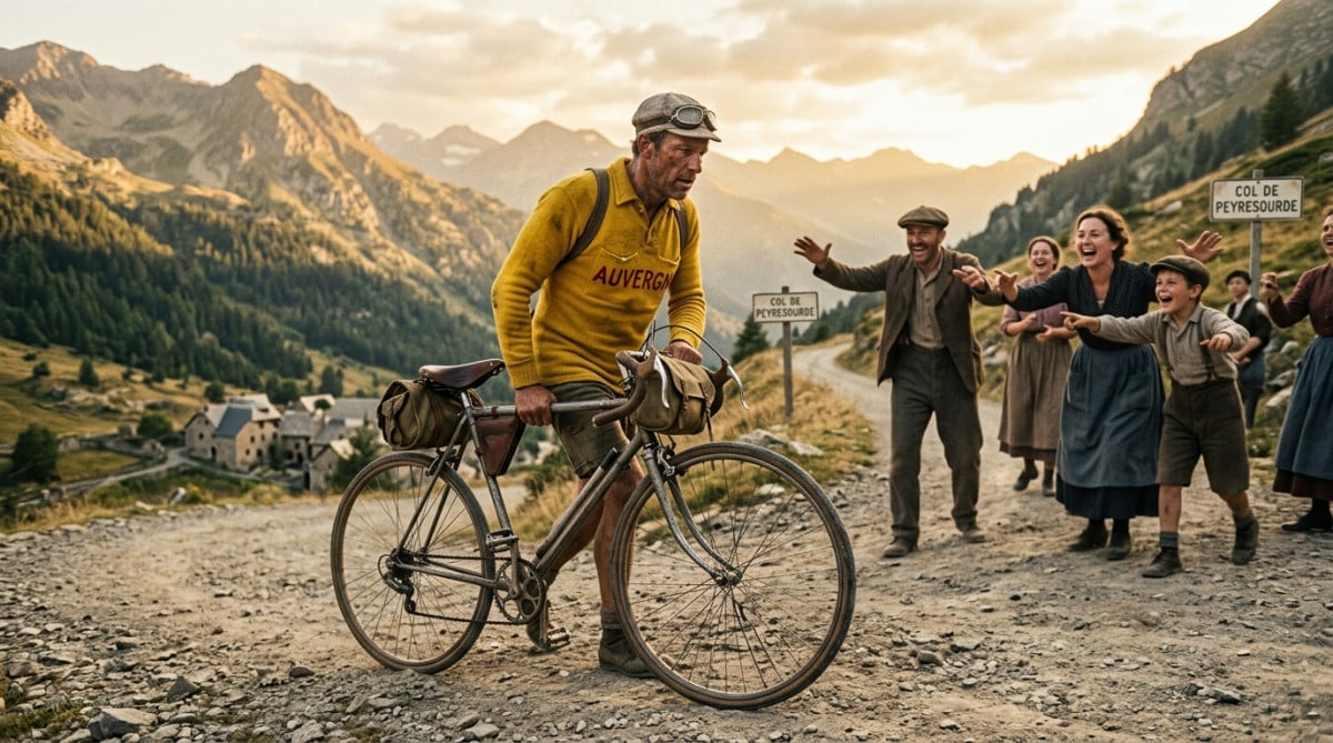 Coureur en maillot jaune poussant son vélo à la fourche cassée