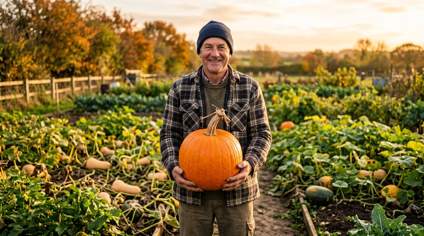 Jardinier souriant tenant un potiron mûr au potager