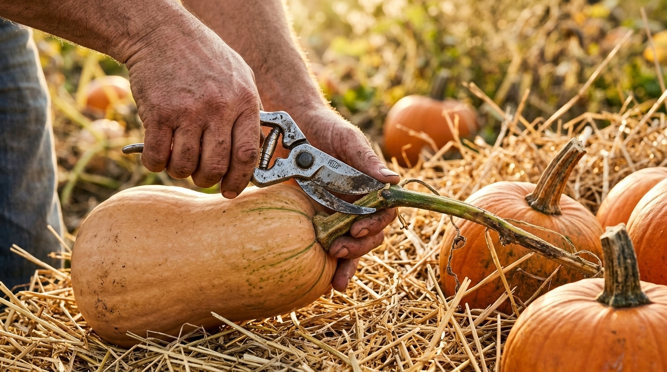 Mains coupant la queue d'une courge butternut au sécateur