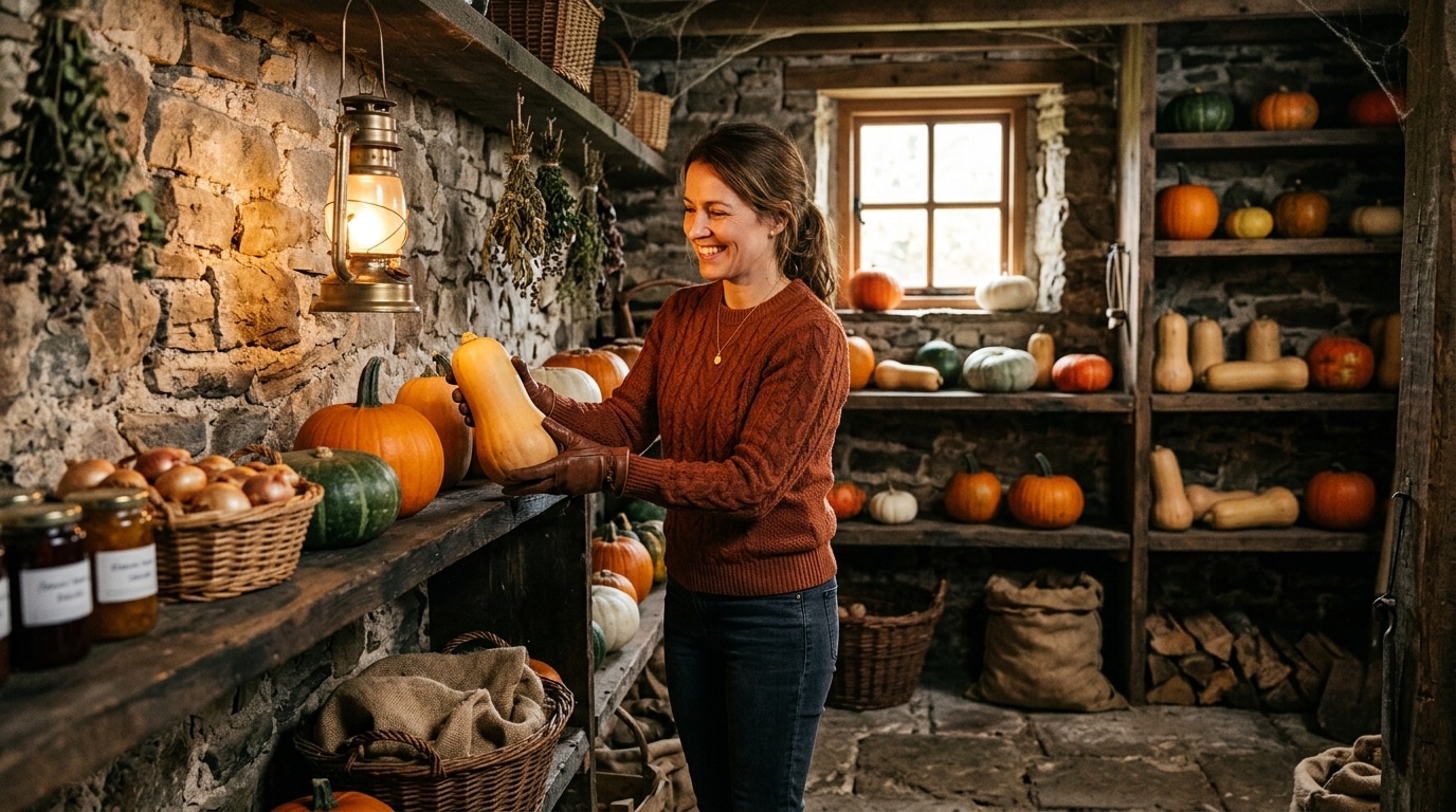 Femme rangeant des courges sur des étagères dans une cave