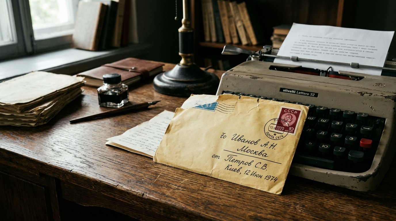 Vieille enveloppe entrouverte sur un bureau en bois