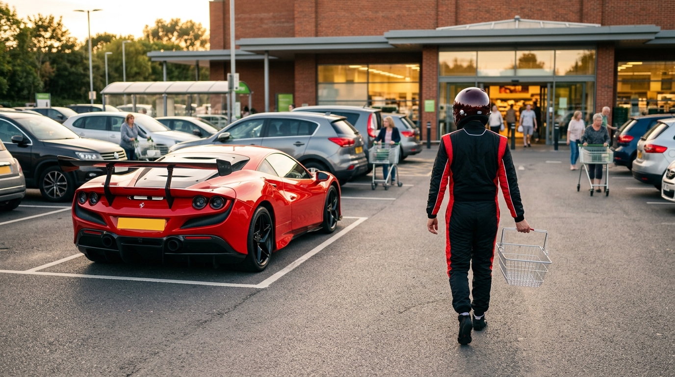 Voiture de sport rouge sur un parking de supermarché
