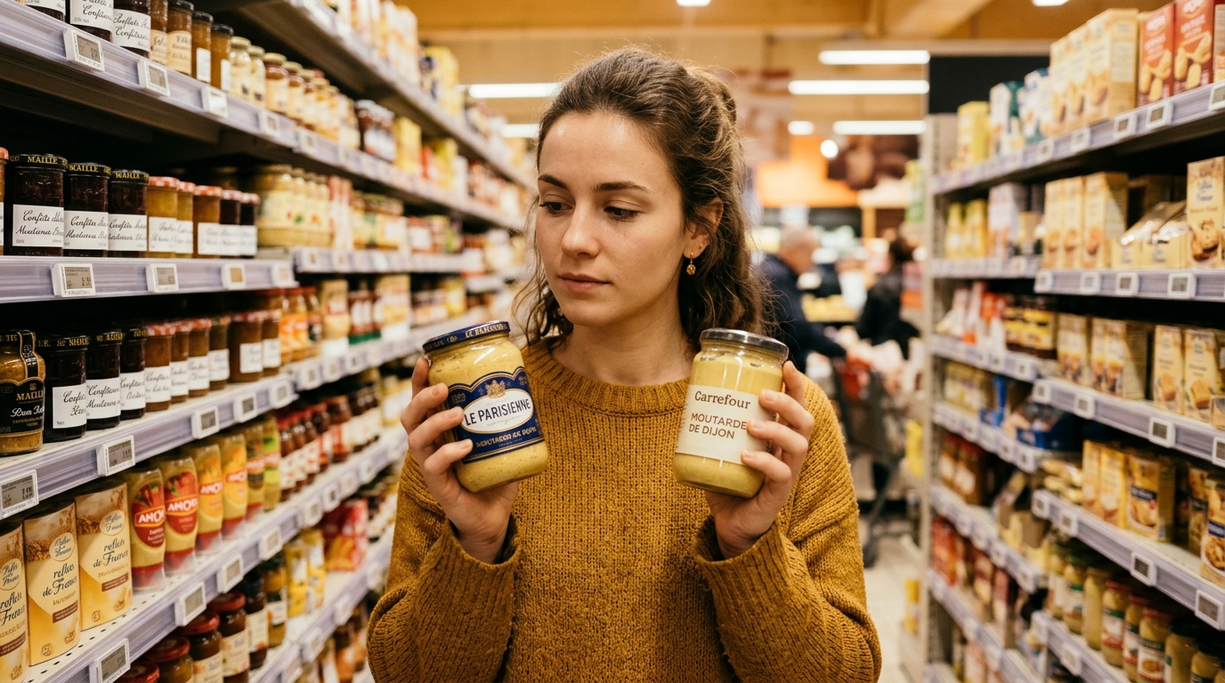 Femme comparant deux pots au rayon d'un supermarché
