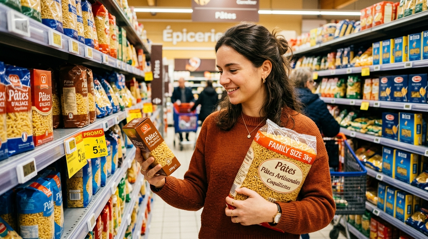 Femme comparant deux formats de pâtes au supermarché