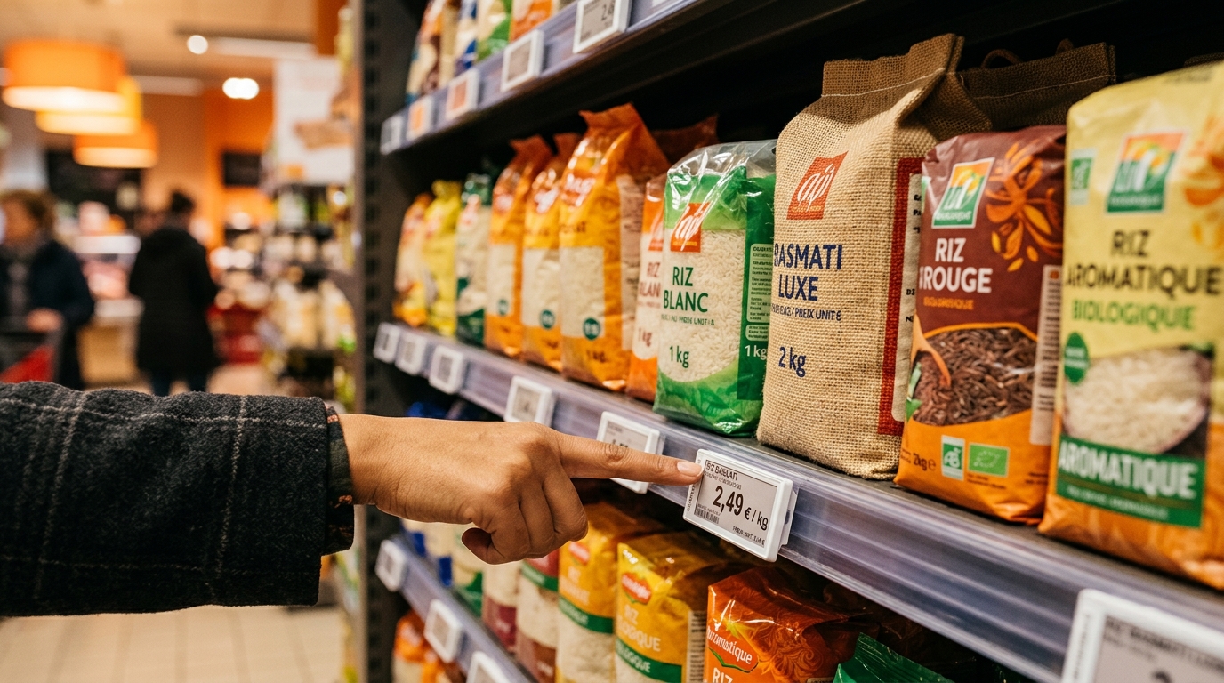 Main pointant l'étiquette du prix au kilo en rayon