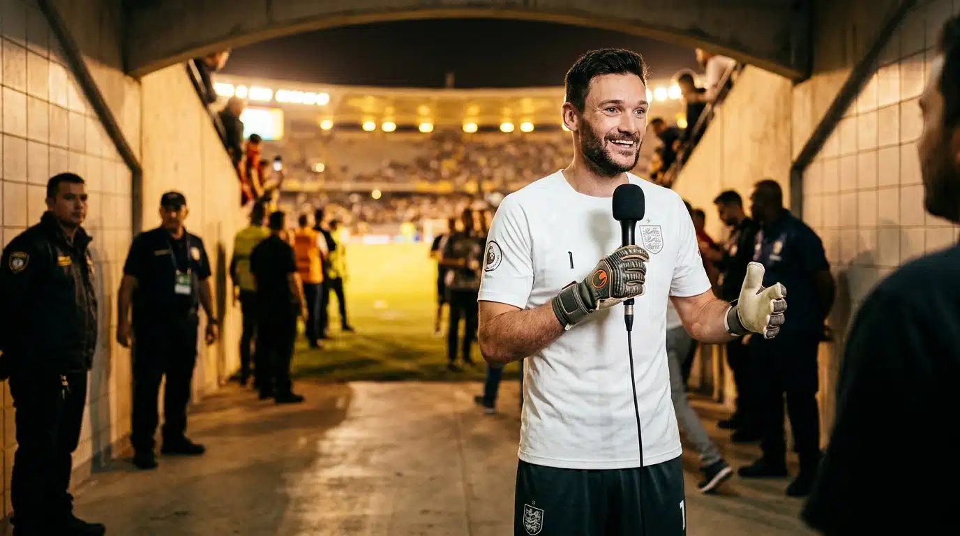 Gardien de football souriant devant un micro dans un tunnel de stade