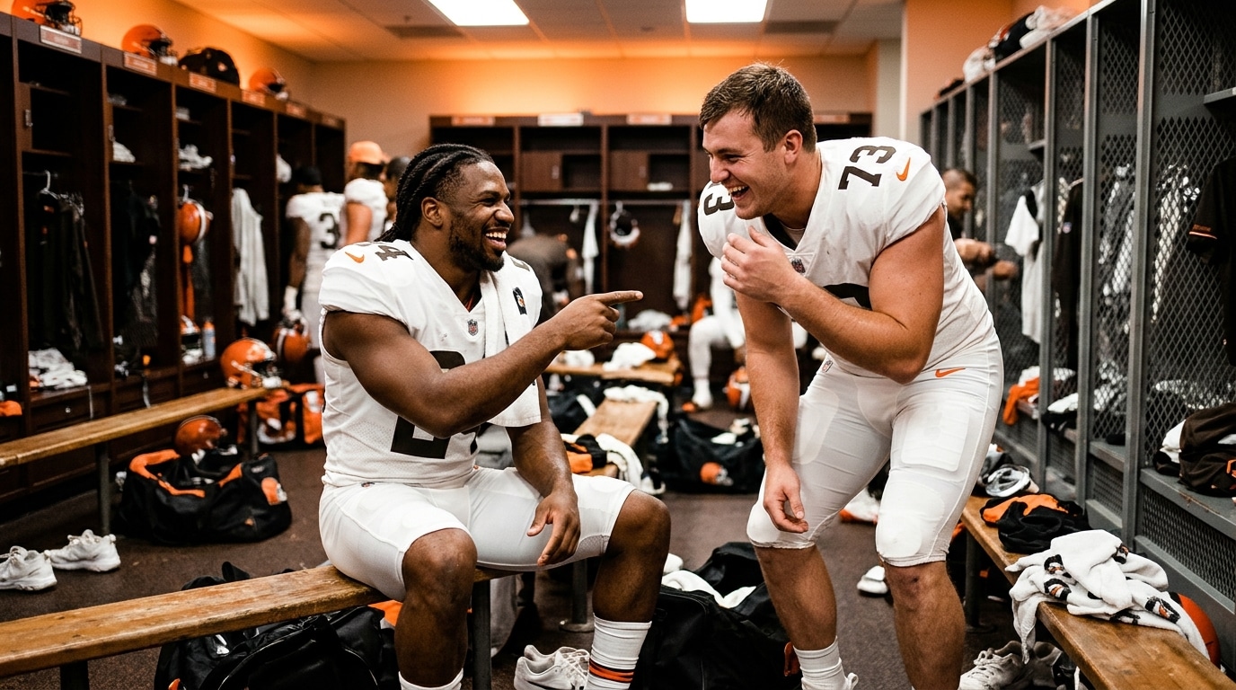 Deux joueurs de football qui plaisantent dans un vestiaire