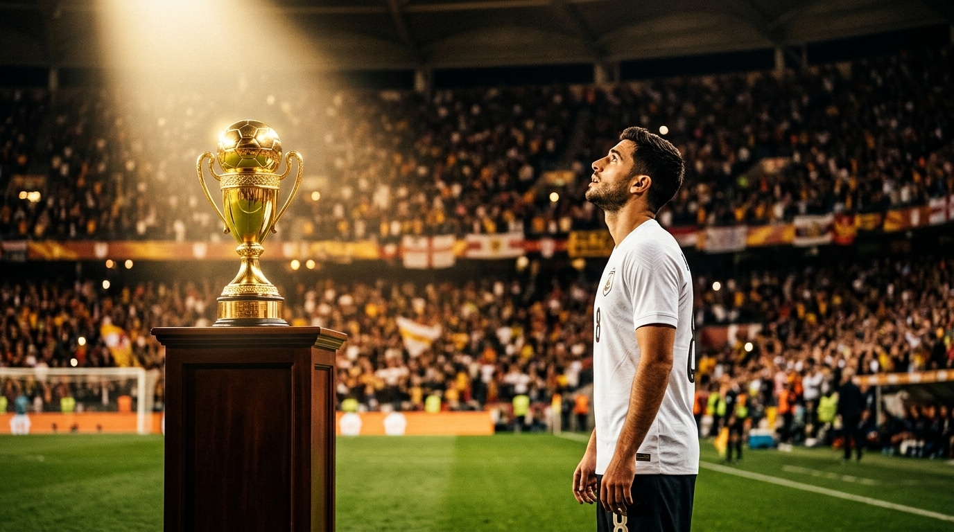 Joueur de football admirant un trophée doré sous un projecteur