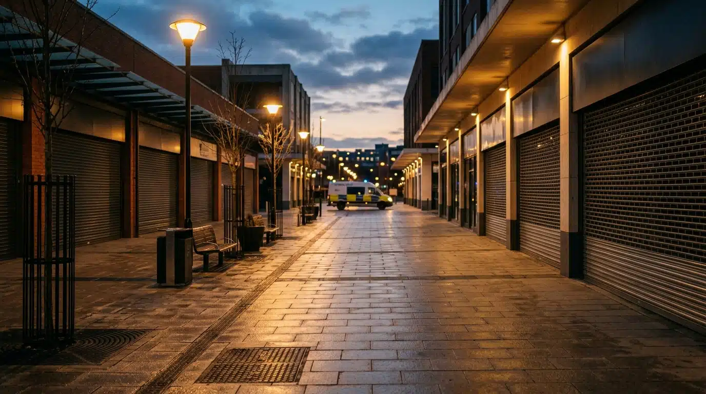 Esplanade commerciale déserte au crépuscule, vitrines fermées