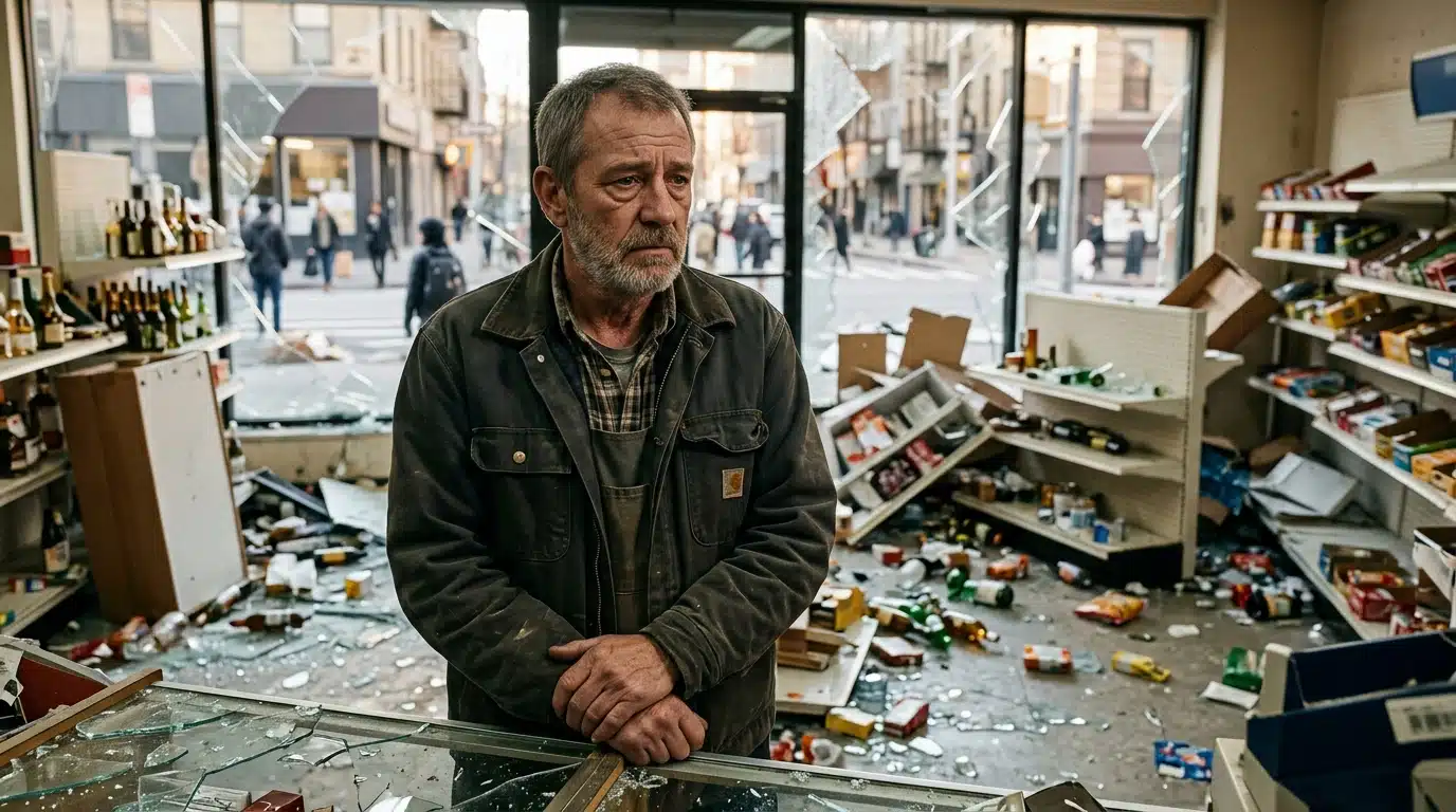 Commerçant adulte inquiet devant sa boutique saccagée