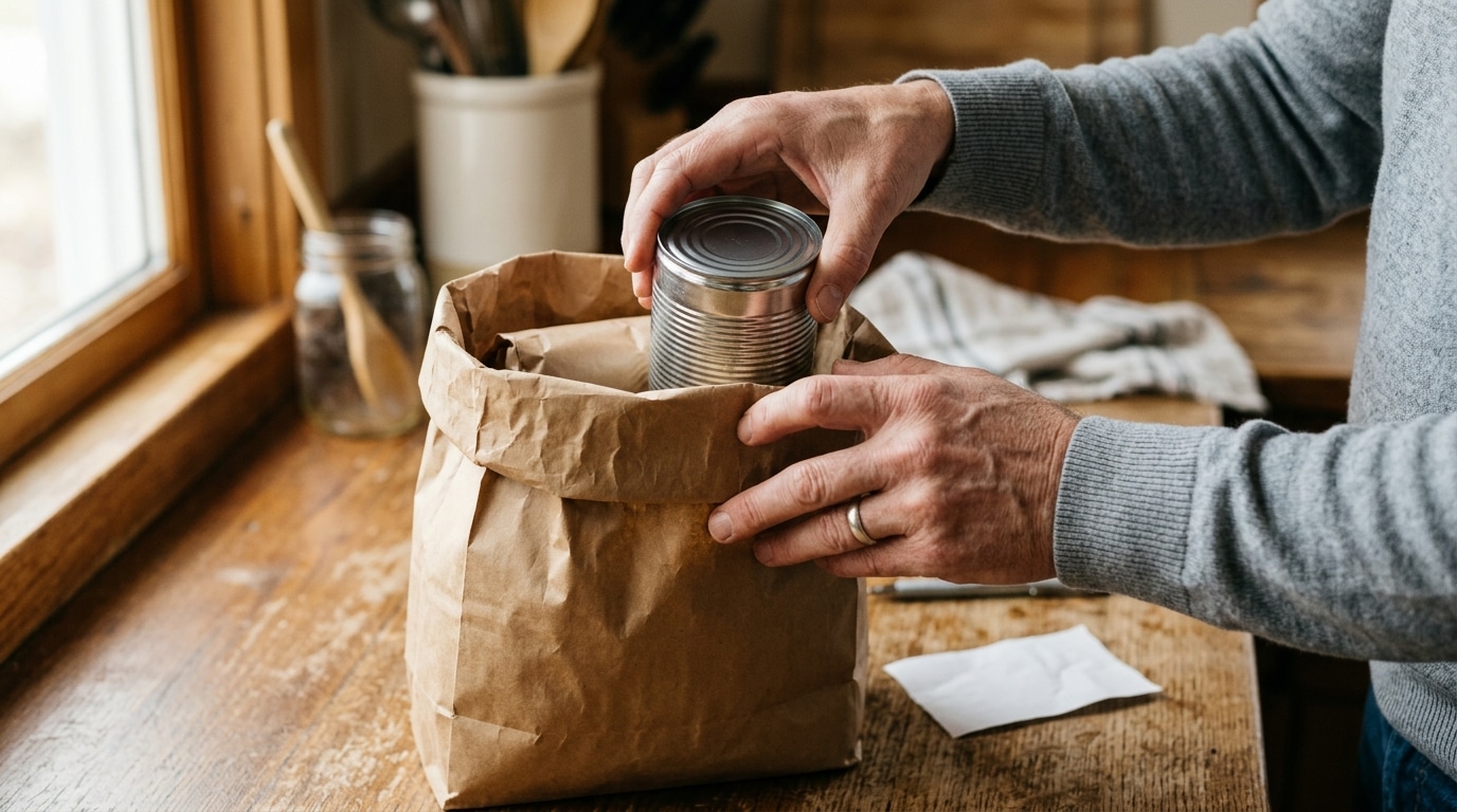 Mains rangeant une conserve dans un sac près d'un ticket
