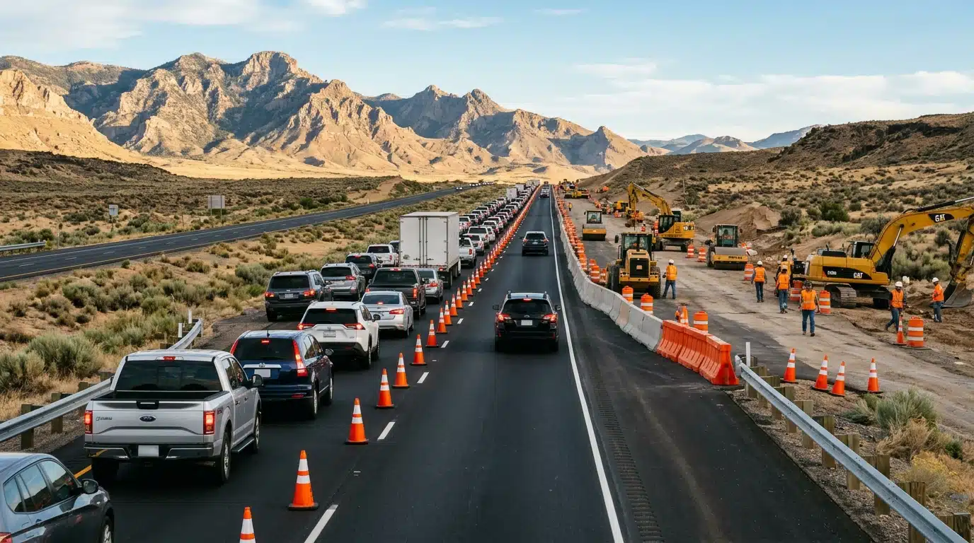 Zone de chantier sur autoroute désertique, voitures à l'arrêt
