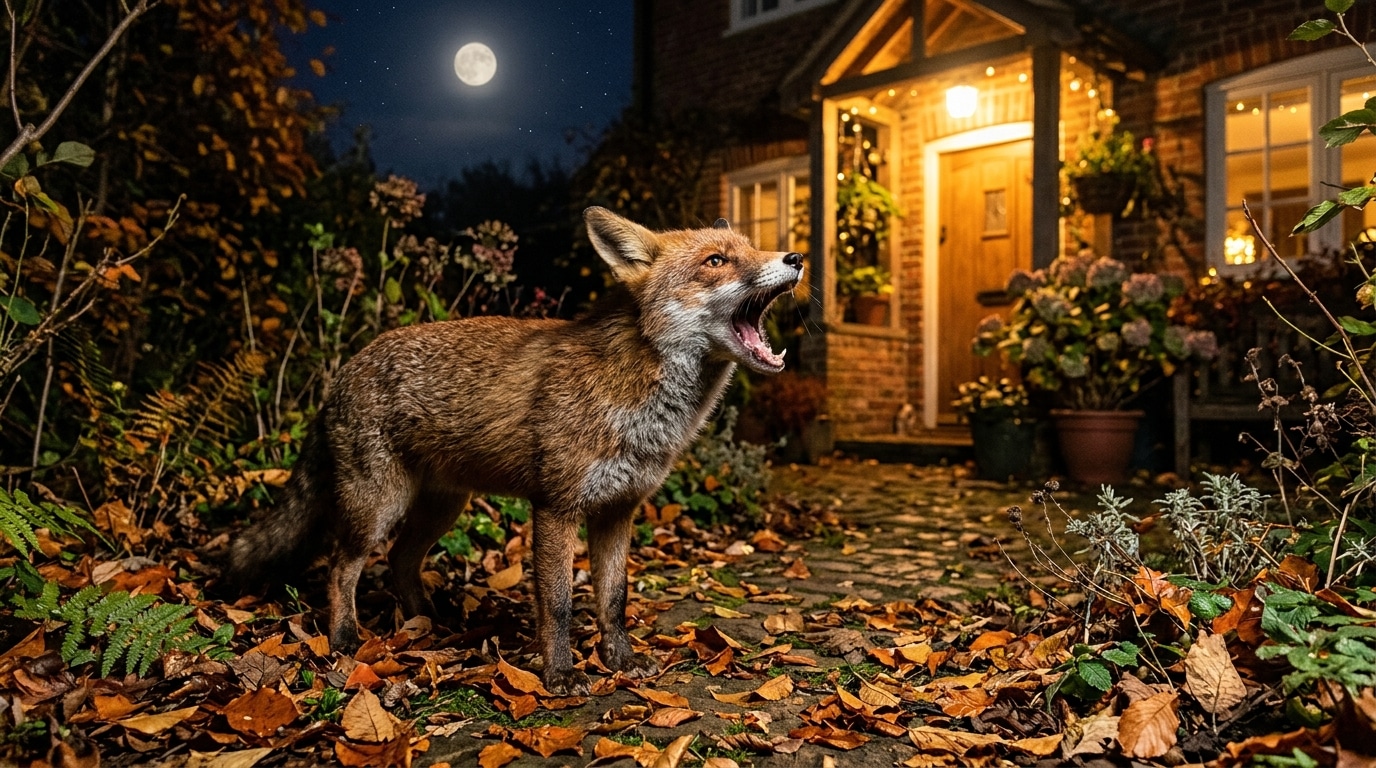 Renard roux criant la nuit dans un jardin d'automne