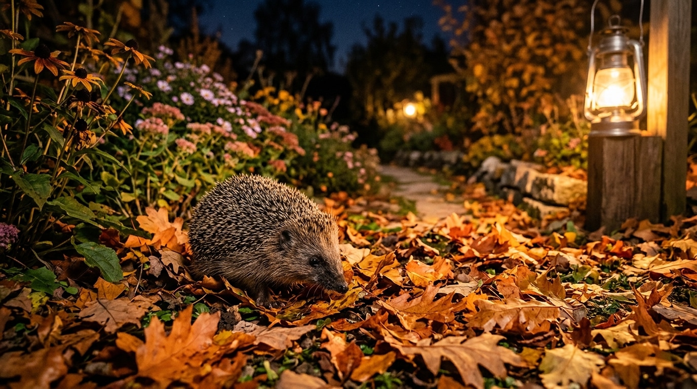 Hérisson parmi les feuilles d'automne au jardin la nuit