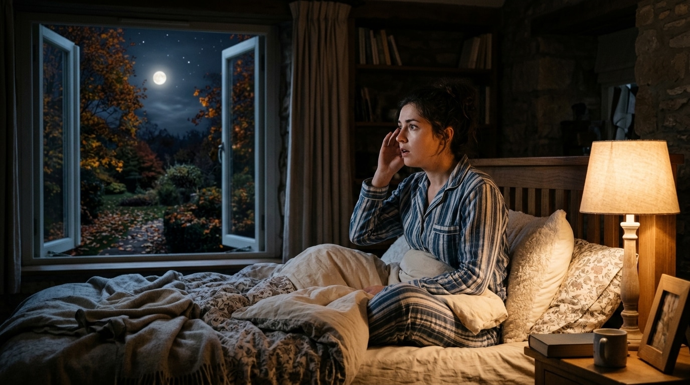 Femme réveillée la nuit écoutant les bruits du jardin