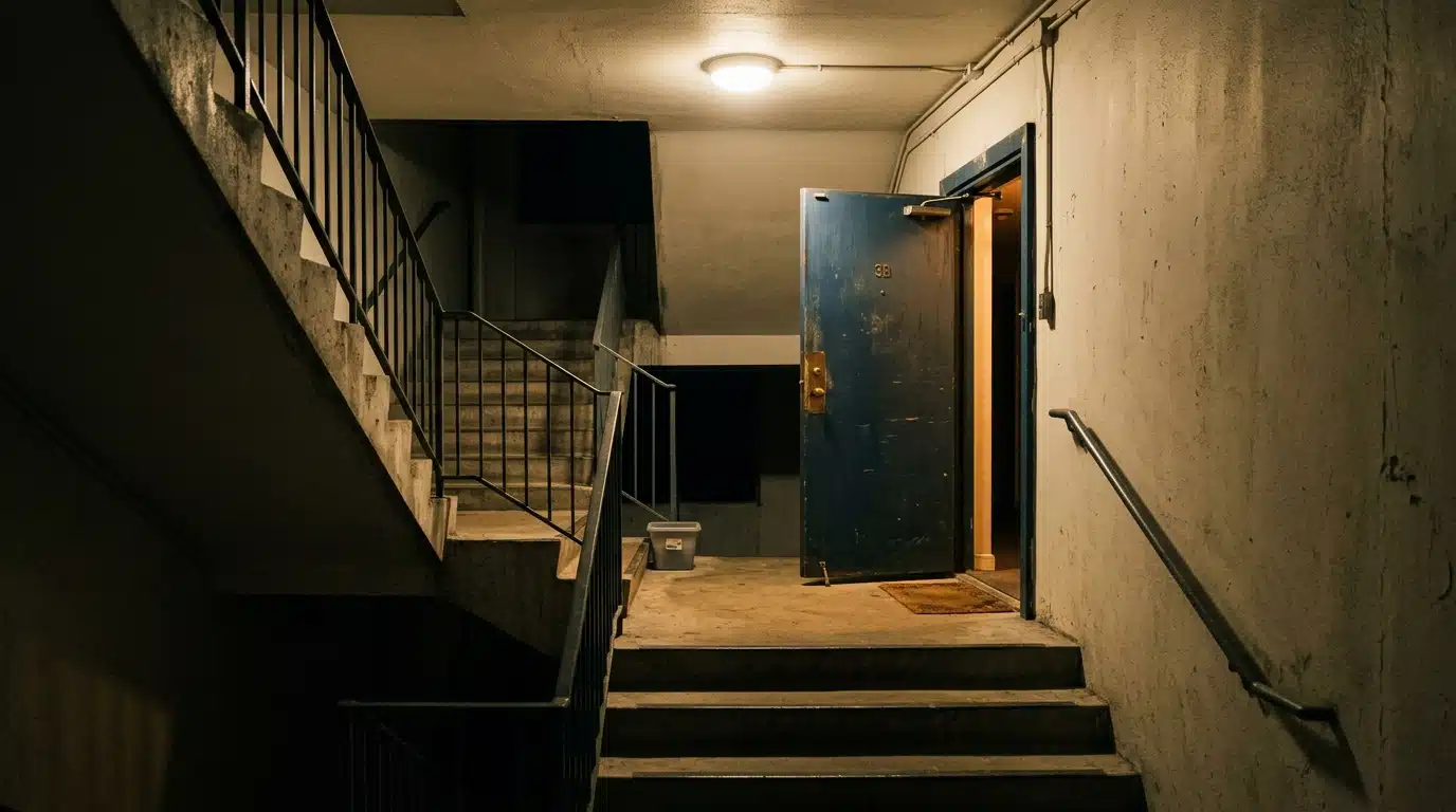 Cage d'escalier vide d'un immeuble, porte entrouverte