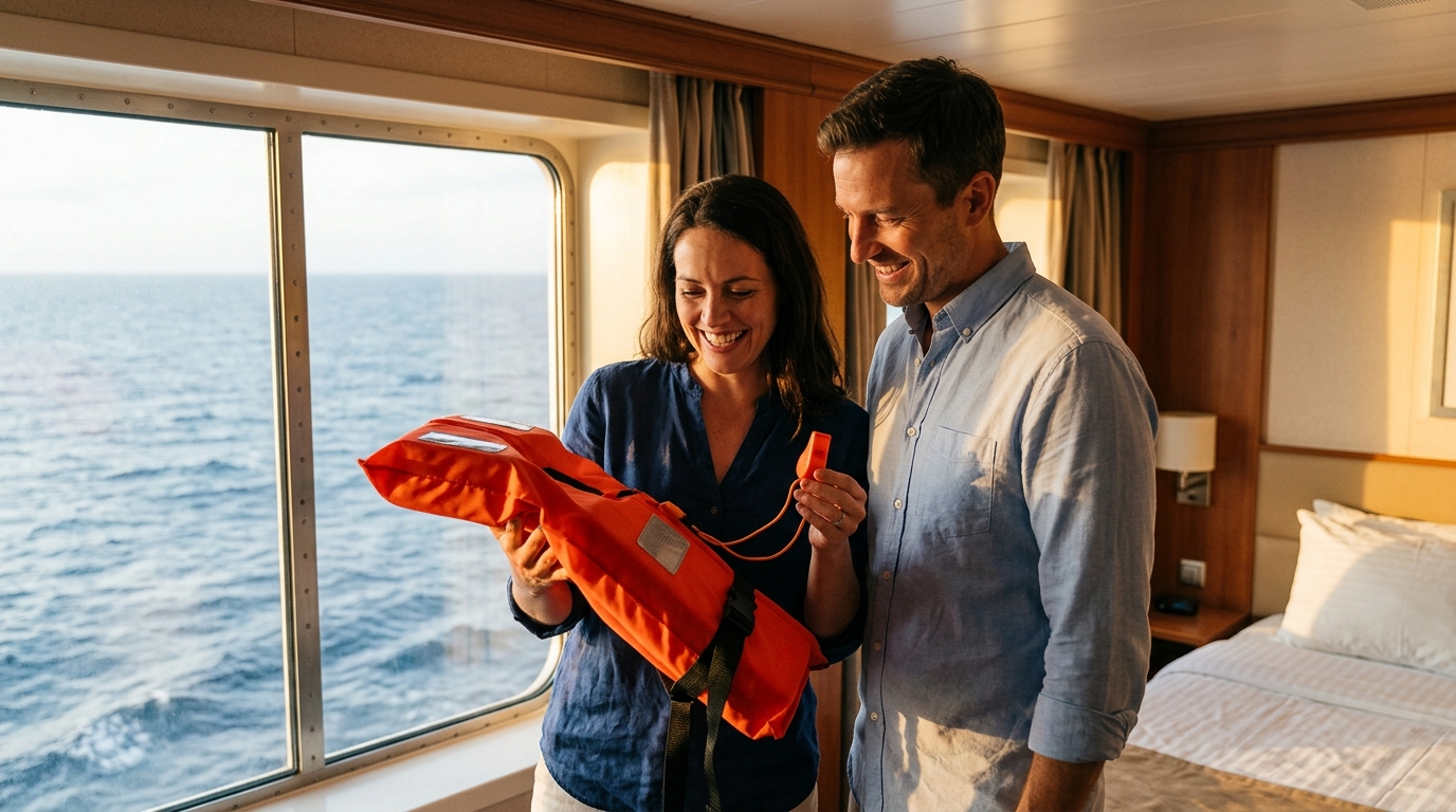 Couple examinant un gilet de sauvetage dans une cabine de croisière