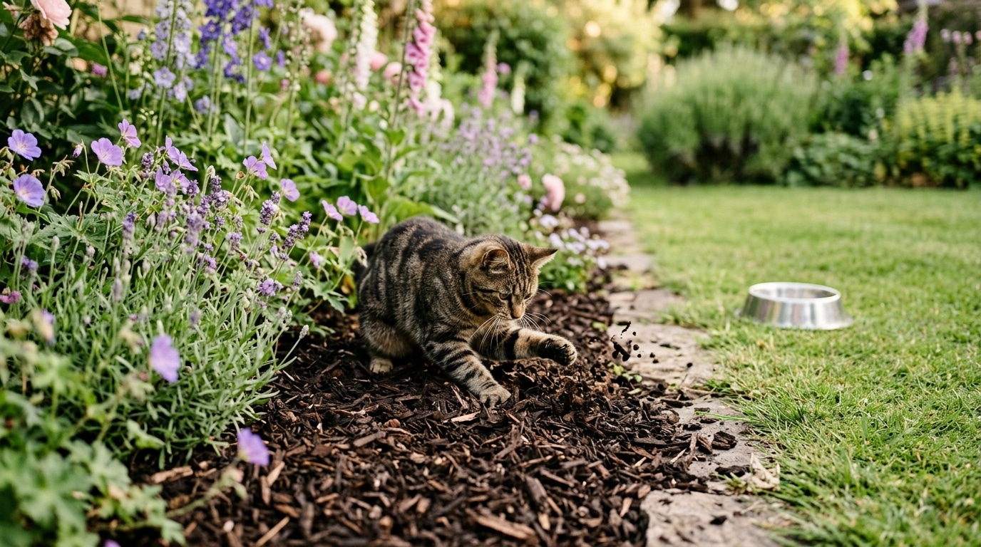 Chat tigré grattant la terre d'un massif paillé