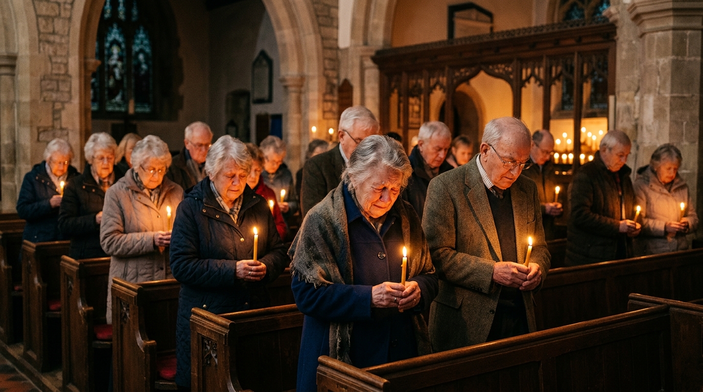 Fidèles recueillis avec des bougies dans une église
