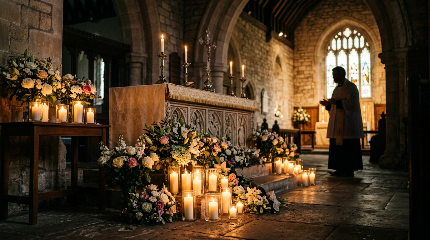 Fleurs et bougies déposées au pied d'un autel