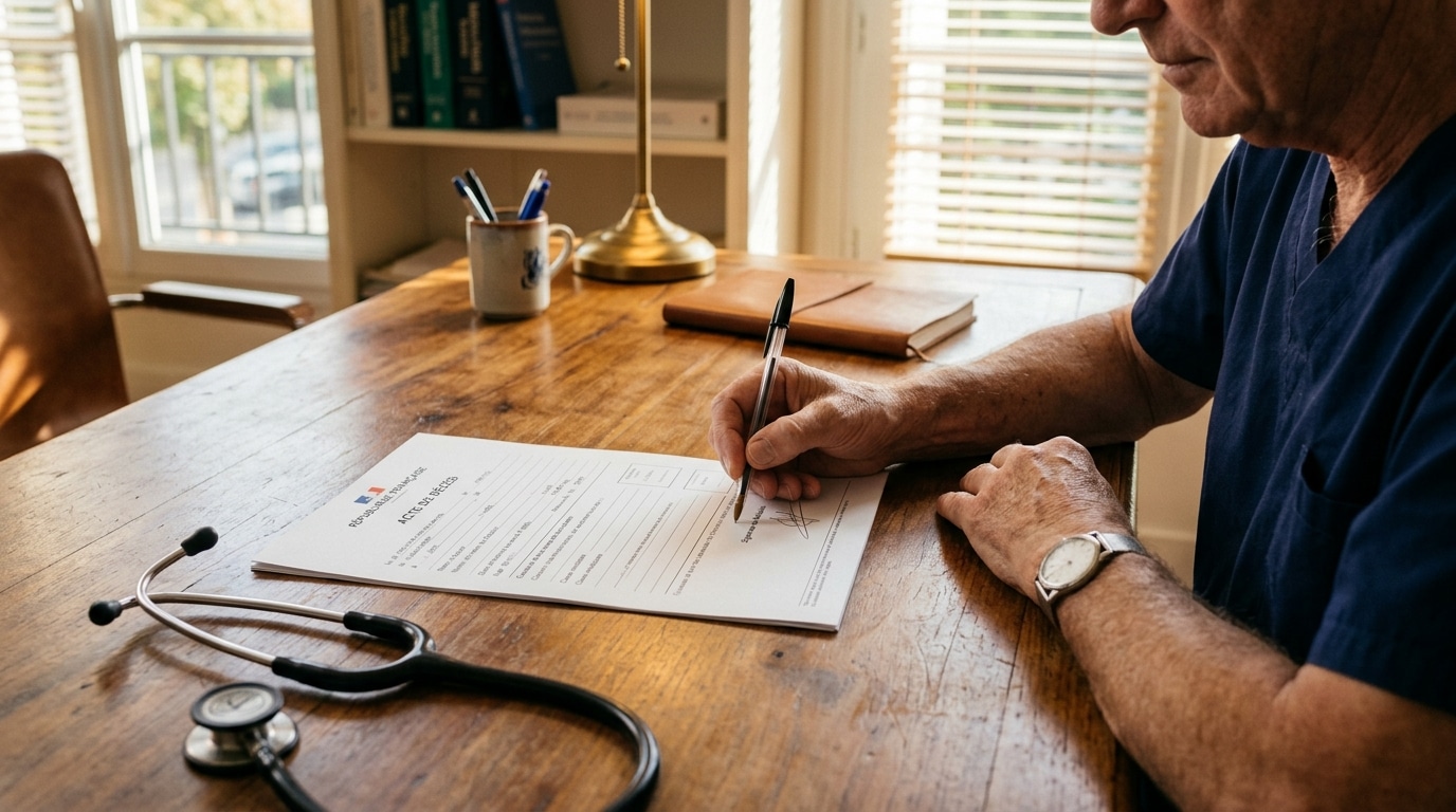 Certificat de décès posé sur un bureau avec un stéthoscope