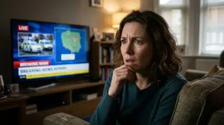 Femme anonyme choquée devant un reportage télévisé