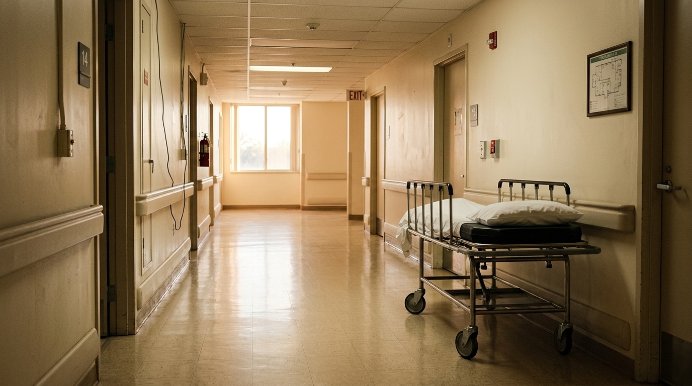 Couloir d'hôpital vide avec un brancard