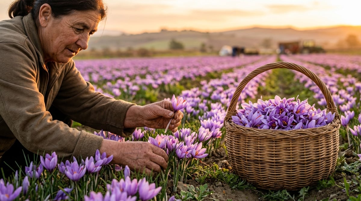 Cueillette de fleurs de safran à l'aube