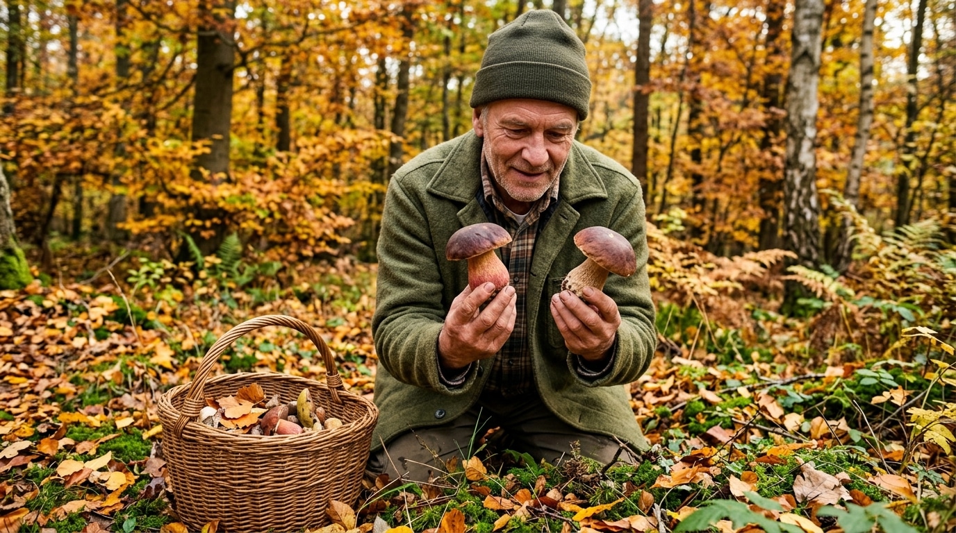 Cueilleur comparant deux bolets en forêt d'automne