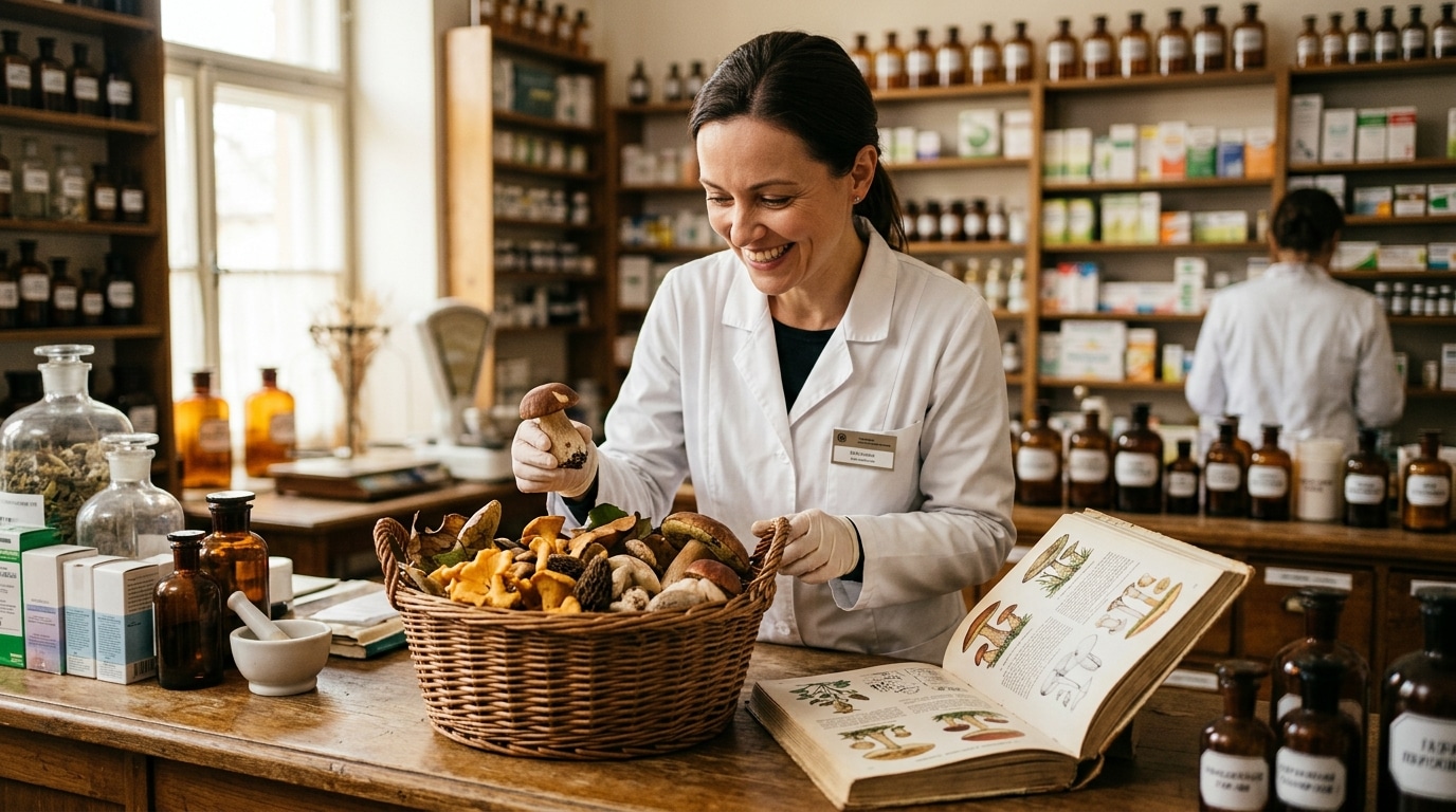 Pharmacienne vérifiant un panier de champignons sauvages