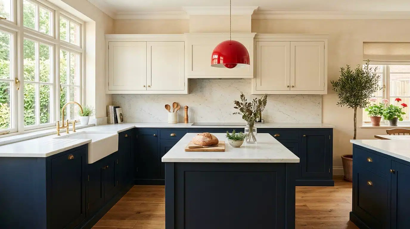 Cuisine crème avec meubles bleu marine et lampe rouge
