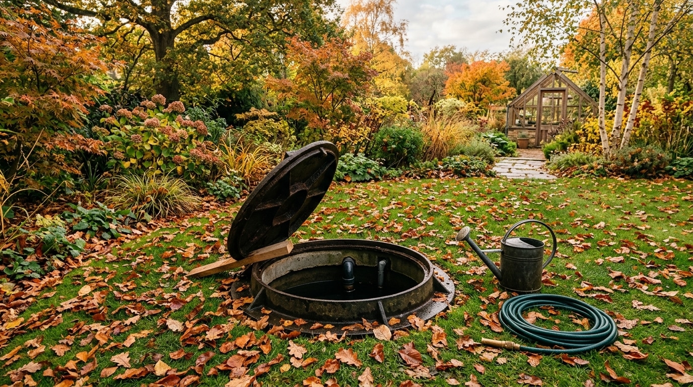 Regard de cuve enterrée dans un jardin d'automne