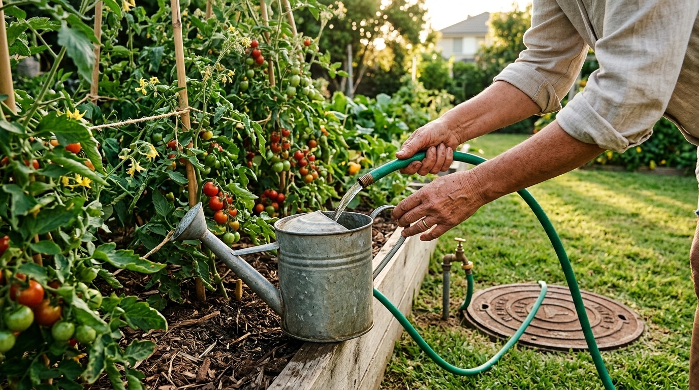 Mains arrosant un potager avec un tuyau relié à une cuve
