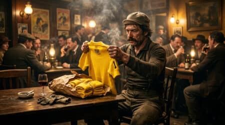 Cycliste de 1919 tenant le premier maillot jaune dans un café