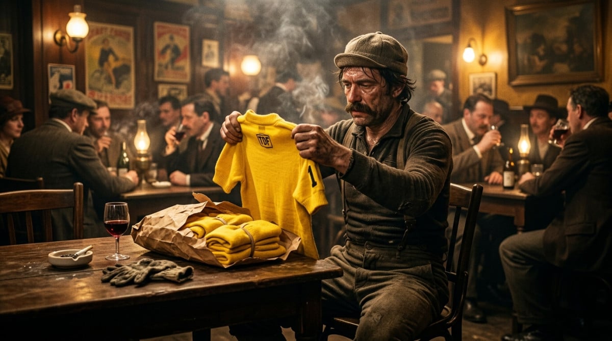 Cycliste de 1919 tenant le premier maillot jaune dans un café