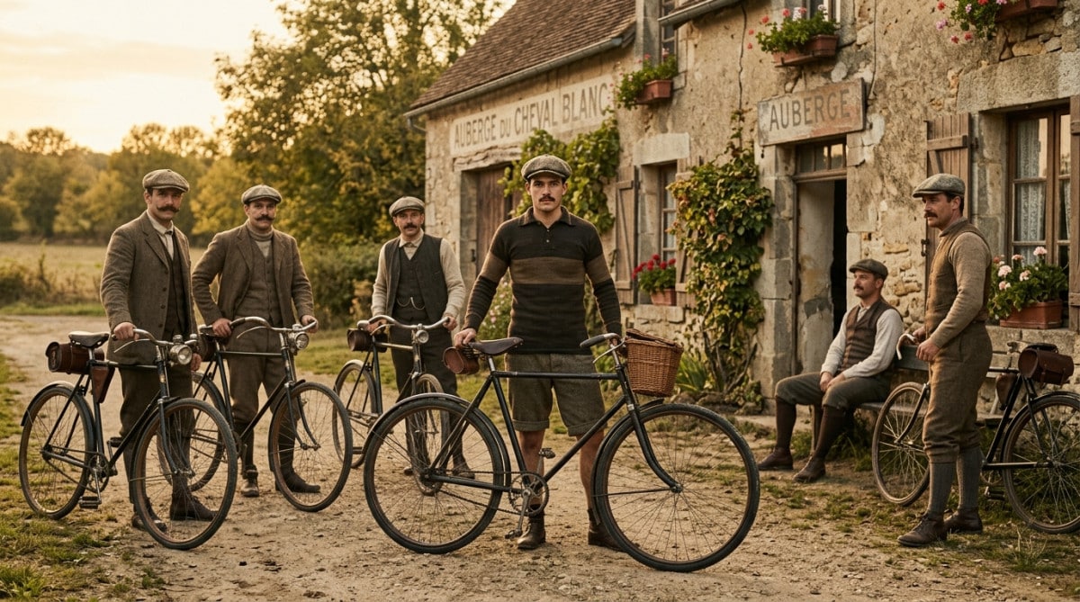 Cyclistes de 1903 devant l'auberge de départ