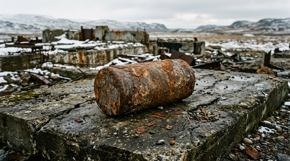 Cylindre de plomb rouillé sur une dalle de béton fissurée
