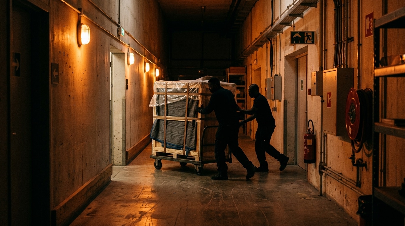 Caisse lourde déplacée dans un couloir de service de musée